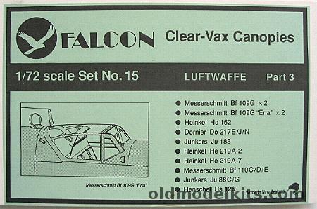 Falcon 1/72 Clear-Vax Upgrade Canopies Bf-109G 2x/Bf-109G Erla 2x/He-162/Do-217/Ju-188/He-219A-2 A-7/Bf-110 C/D/E/Ju-88C/G/Hs-126, 15 plastic model kit